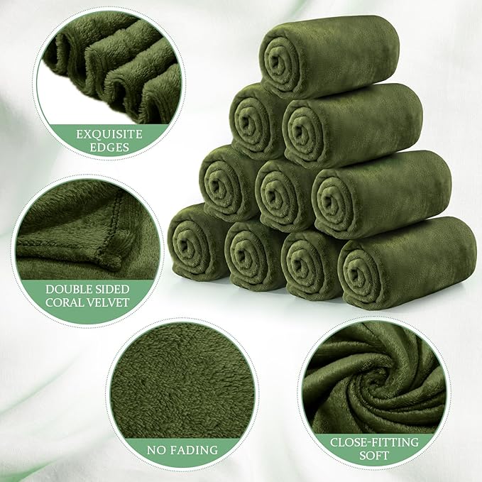 Tinideya 12 Pcs Flannel Fleece Throw Blanket Bulk 50 x 60 Inch Soft Fleece Blanket Warm Throw Blanket Coral Blankets for Couch Sofa Home Wedding Gifts Season (Army Green)