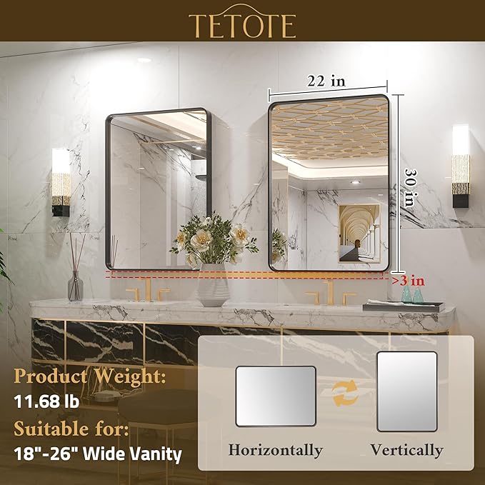 TETOTE Gold Framed Mirror for Bathroom, 22 x 30 Inch Vanity Mirror for Wall, Brushed Brass Rectangle Round Corner Entry Way Golden Frame Mirror 2 Inch Thick Frame(Horizontal/Vertical)