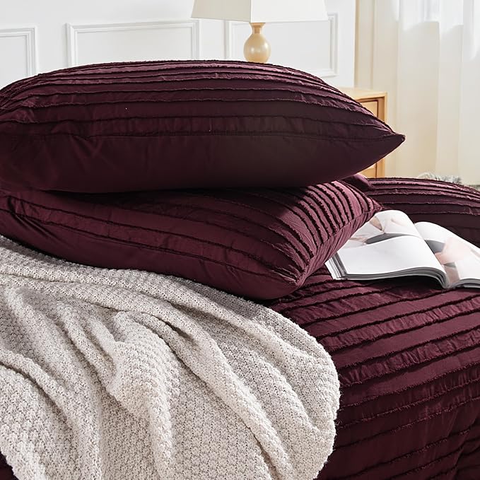 NEXHOME PRO Twin Duvet Cover, Blue 2 Pieces Boho Tufted Twin Size Duvet Cover Set, Soft and Lightweight Microfiber Comforter Cover Set for All Season (Burgundy,66 x 90)-No Comforter