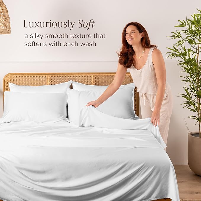 Bare Home 100% Rayon Made from Bamboo Luxury Queen Sheet Set - 4 Piece Bedding Set - Deep Pockets - Cooling Sheets - Breathable - Easy Fit - Soft Bedding Sheets & Pillowcases (Queen, White)