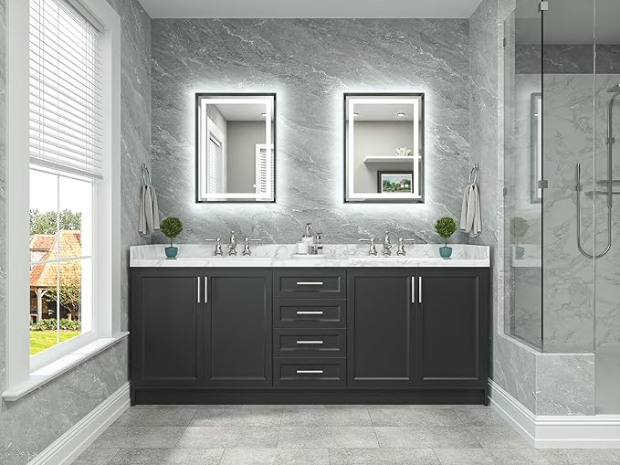 TETOTE 22 x 30 Bathroom LED Mirror Brushed Gunmetal Gray Frame Frontlit & Backlit Vanity Mirror Anti-Fog Stepless Dimmable 3 Colors White/Warm/Natural Wall-Mounted