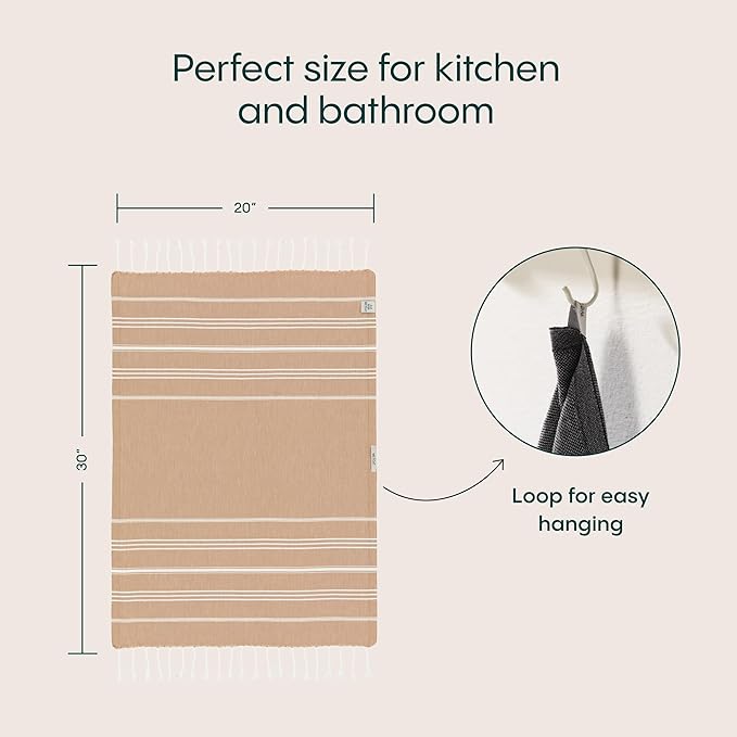 WETCAT Turkish Hand Towels with Hanging Loop, Set of 2 (20" x 30") 100% Turkish Cotton, Pre-Washed, Quick Drying, for Kitchen or Bathroom - Tawny Brown