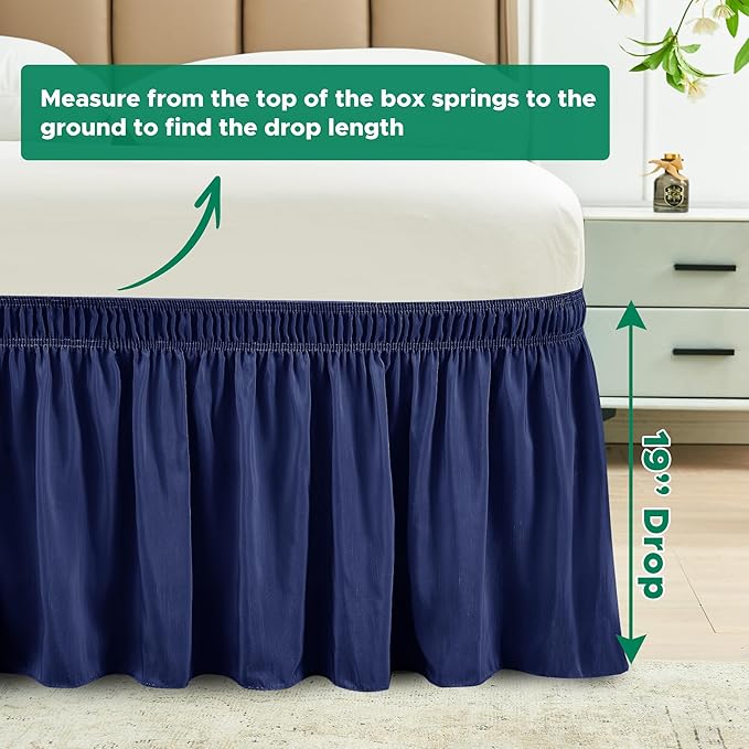 Biscaynebay Wrap Around Bed Skirts for King & Cal King Beds 19" Long Drop, Navy Adjustable Elastic Dust Ruffles Easy Fit Wrinkle & Fade Resistant Silky Luxurious Fabric Solid Machine Washable