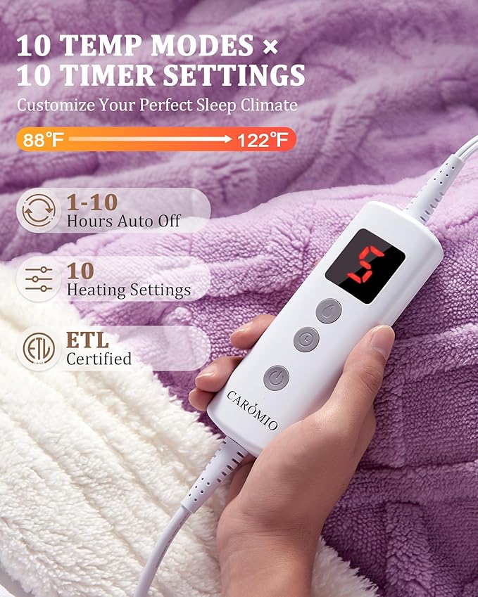 CAROMIO Heated Throw Blanket - Thick Tufted Sherpa Electric Blanket Throw with 10 Heating Levels and 10 Time Settings, ETL Certified Machine Washable Fast Heating Blanket Throw 50"×60", Purple