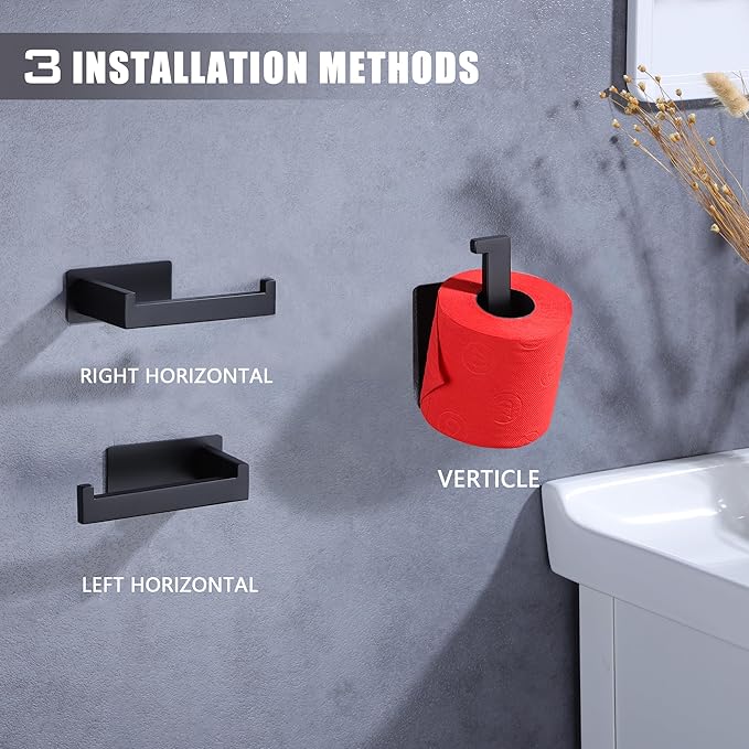 LANC Self-Adhesive Toilet Paper Holder, Matte Black Toilet Tissue Holder for Bathroom Kitchen Stick on Paper Roll Holder with No Drilling Rustproof Stainless Steel Left and Right 2 Pack, A8307MB-LRP2
