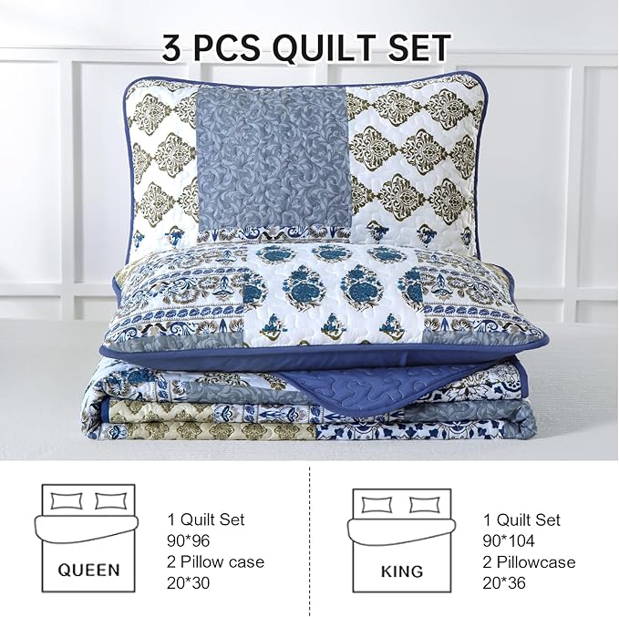 Mybedsoul Blue Quilt Set Queen Size 3 Pieces Boho Plaid Aqua Blue Floral Bedspread Set Microfiber Lightweight Bohemian Bedding Set for All Season (1 Quilt + 2 Pillow Shams) 90"x96"