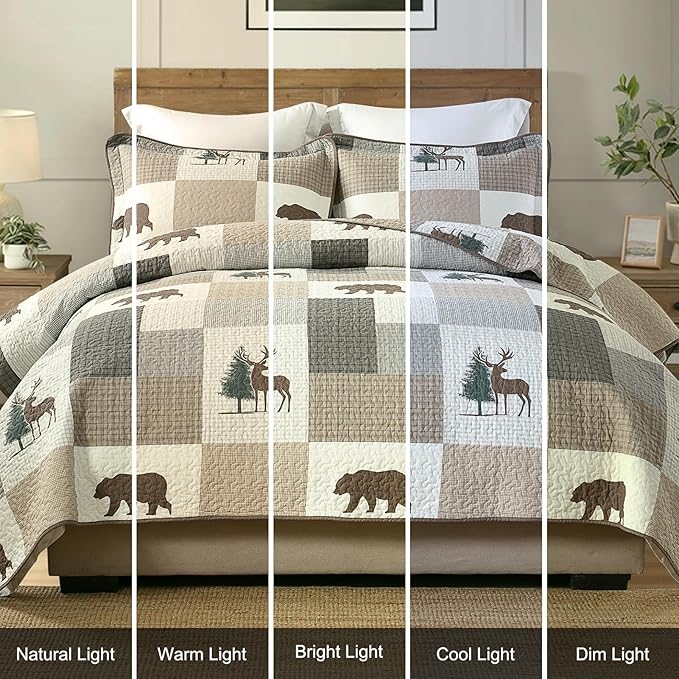 Uniclinens Plaid Quilt Set Queen Size, 100% Cotton Patchwork Quilts, Brown Farmhouse Lightweight Quilted Comforter, Soft Rustic Bedspread, 3 Pieces Set with 2 Pillowshams, Beige/Brown/Gray