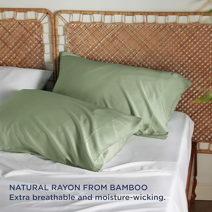 Bedsure Pillow Cases Queen, Cooling Pillow Cases, Rayon Derived from Bamboo Sage Green Pillowcases Queen Size Set of 2, Soft & Breathable Bedding Pillow Covers with Envelope Closure, 20x30 Inches
