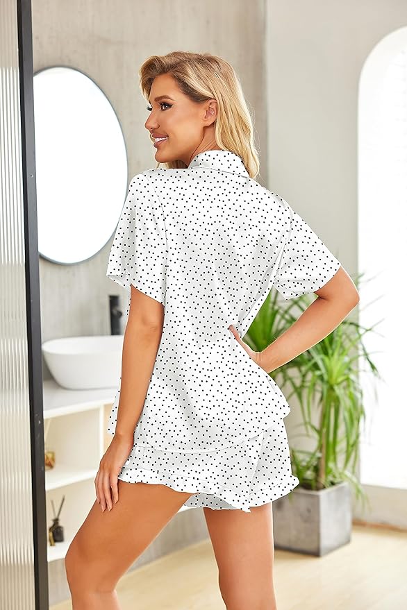 HOTOUCH Womens Satin Pajamas Set Button Down 2 Piece Silk Pjs Shorts Set Ruffle Lingerie Notch Collar Sleepwear