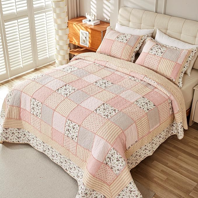 Cmfshape Floral Quilt Sets Bedspread Set 100% Cotton Patchwork Bedding Set, All Season Use Lightweight Reversible Coverlet Quilts with 2 Pillow Shams(King 106"x96")