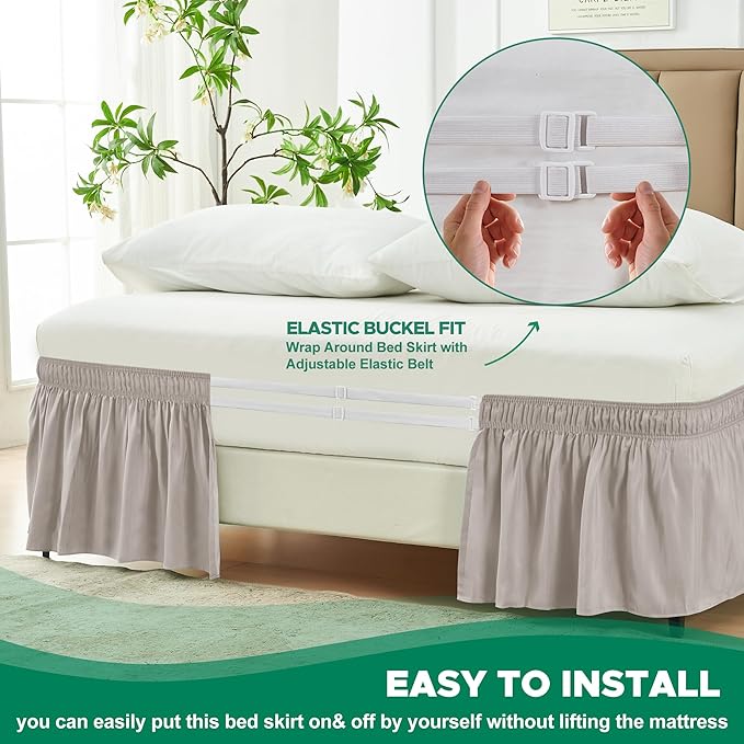 Biscaynebay Wrap Around Bed Skirts for Full & Full XL Beds 15" Drop, Camel Grey Adjustable Elastic Dust Ruffles Easy Fit Wrinkle & Fade Resistant Silky Luxurious Fabric Machine Washable