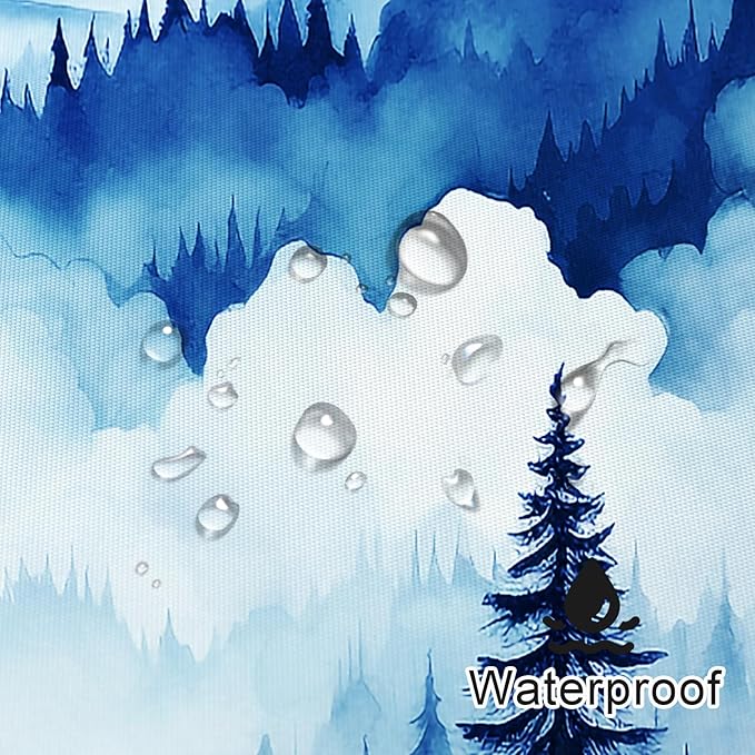 Navy Blue Misty Pine Forest Shower Curtain, Mountain Foggy Woodland Scenery Tree Shower Curtains for Chic Rustic Bathroom, Abstract Modern Waterproof Nature-Themed Decor, 72x72 Inches