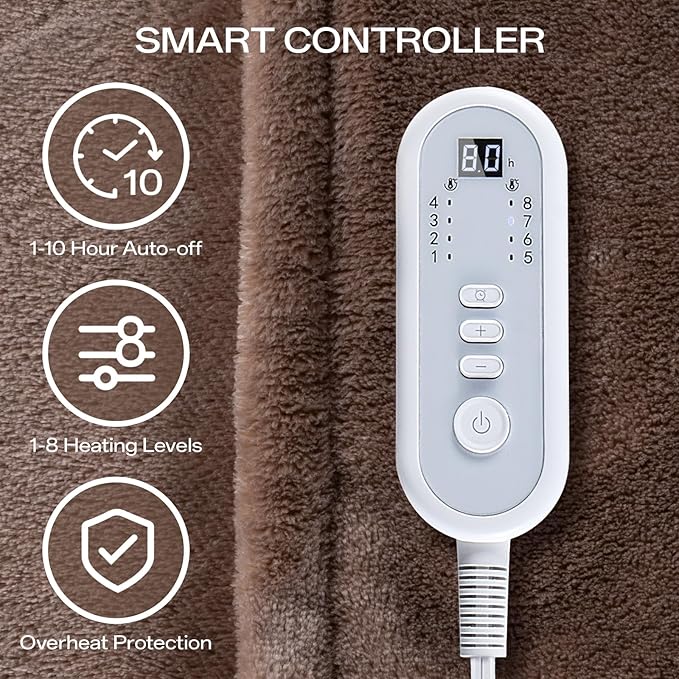 Heated Blanket Electric Throw 72" x 84" Full Size with 8 Heating Levels 10 Hours Time Setings and Auto-Shut Off, Flannel Fast-Heating Electric Blanket, Machine Washable ETL Certified, Brown