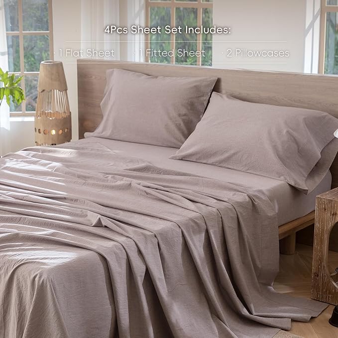 MooMee Bedding Sheet Set 100% Washed Cotton Linen Like Textured Breathable Durable Soft Comfy (Heathered Mauve Brown, Full)