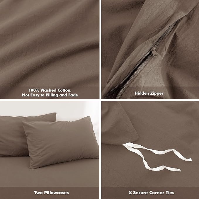FOSSA Duvet Cover Set 100% Washed Cotton Linen Feel Super Soft Breathable Cozy 3 Pieces Bedding Sets Solid Pale Brown California King