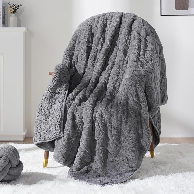 Sivio Weighted Blanket Queen Size 15 lbs for Adults, Sherpa Fleece Weighted Blanket Jacquard Heavy Blanket for Sleeping, Reversible Super Soft Warm Cozy Fluffy Blanket for Adult, 60 x 80inches, Grey