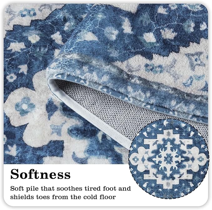 Uphome Vintage Bathroom Rug Blue Boho Non-Slip Bathroom Mat Oriental Soft Machine Washable Bath Rugs Cute Tribal Floral Floor Mats for Sink Tub Door Mat, 18x25 inch