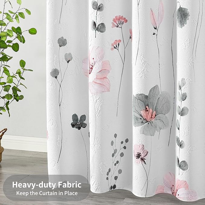 QiyI Long Shower Curtain 72 x 78, Modern Watercolor Floral Bath Curtain, 3D Embossed Texture Grey Pink Flower Cloth Bathroom Curtain, Waterproof Fabric Rustic Farmhouse Shower Curtain Set with Hooks