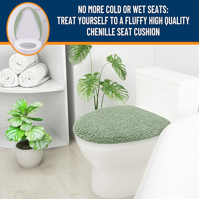 OLANLY Soft Chenille Bathroom Toilet Lid Cover, Machine Washable Seat Covers, 17.5x15, Stays in Place Rubber Backing, Fits Most Round, Elongated and Oblong Lids, Accessories Decor, Sage Green