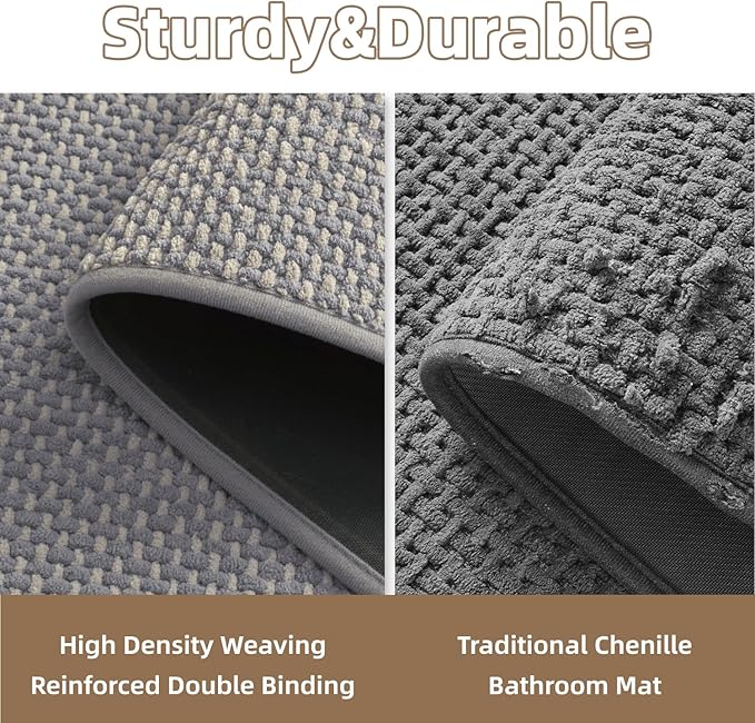 PADOOR-Bath Mat-Super Absorbent Chenille Bathroom Mats-Rubber Backed Bath Mats for Bathroom Non Slip, Easy Clean Bathroom Rugs Front of Bathtub,Shower Room,Sink-24×36, Grey&Beige