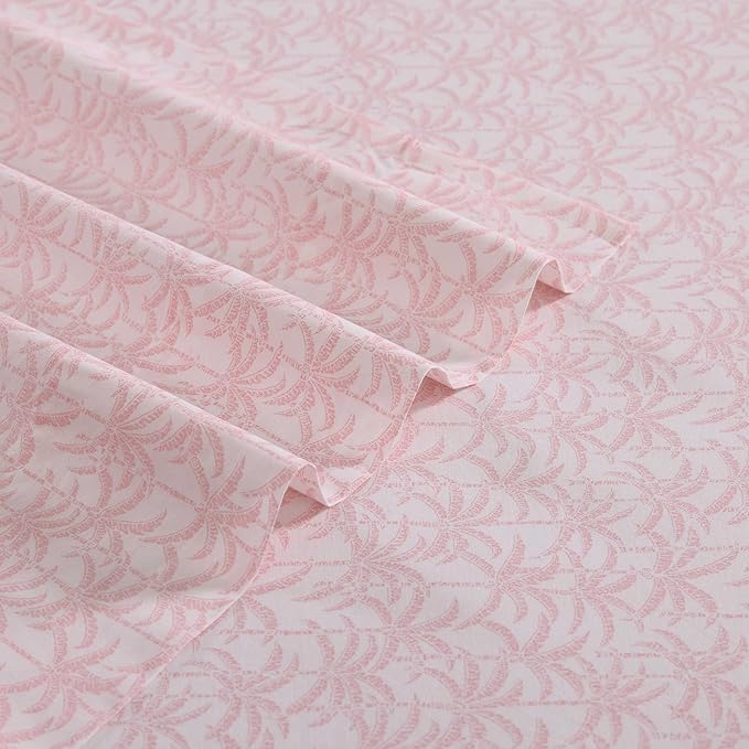 Tommy Bahama - Queen Sheets, Organic Cotton Coastal Bedding Set, Softens with Each Wash, 200 Thread Count (Lovely Palms Pink, Queen)