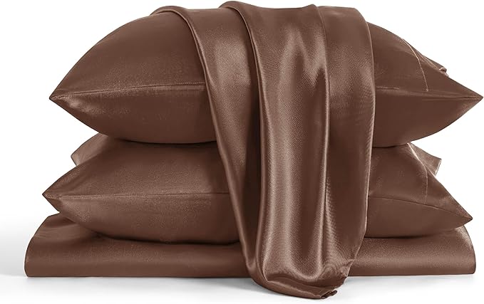 Bedsure Satin Sheets Queen Size - 4 Piece Silky Bedsheets with 15 Inches Deep Pocket Fitted Bedsheet,1 Flat Sheet, 2 Satin Pillowcases, Good for Hair & Skin (Queen, Coffee)