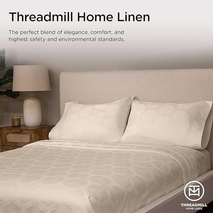 Threadmill 100% Cotton Sheets for King Size Bed - 600 Thread Count King Bed Sheets Set with 16” Deep Pocket - Jacquard Sateen Weave 4-Piece Bedding Set with Cooling Effect, Beige