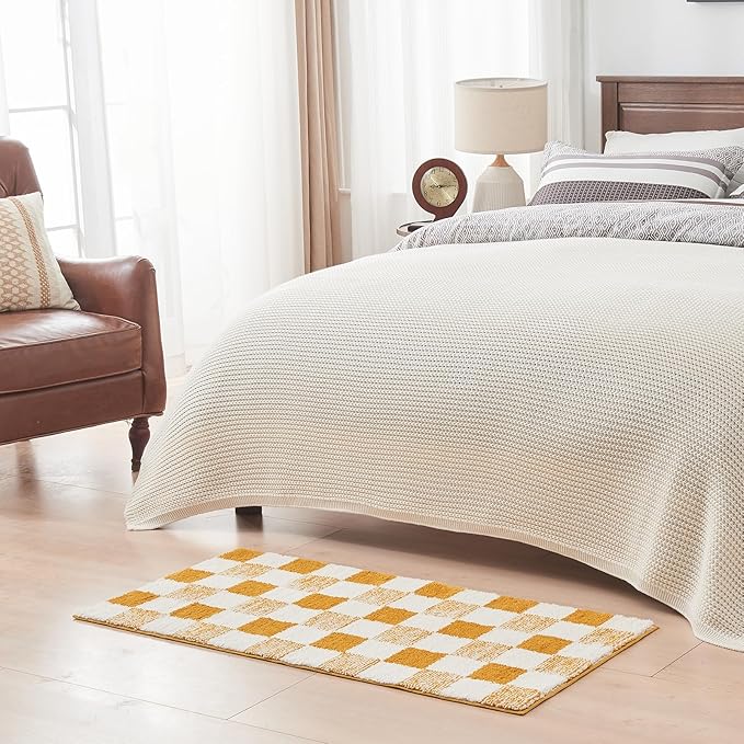 CozeCube Bath mats for Bathroom Non Slip, Fluffy Absorbent Microfiber Bath mat Washable, Aesthetic Bathroom Rugs, Large Harvest Gold Checkered Bath mat, Harvest Gold, 36" x 24"