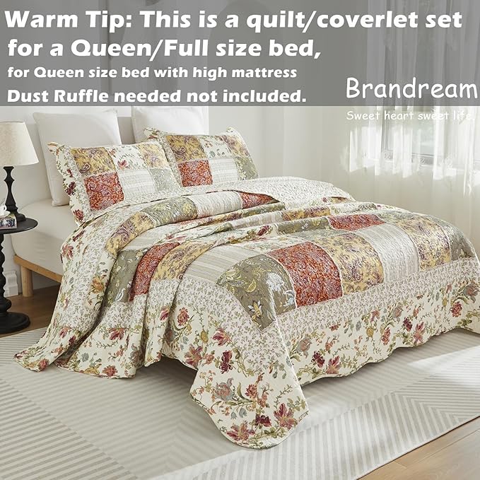 Brandream Queen Size Quilt Set Cotton Luxury Patchwork Quilts Vintage Farmhouse Quilted Comforter Set 3-Piece