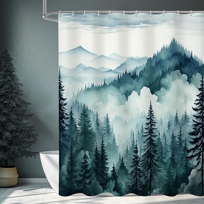 Peacock Blue Misty Pine Forest Shower Curtain, Mountain Foggy Woodland Scenery Tree Shower Curtains for Chic Rustic Bathroom, Abstract Modern Waterproof Nature-Themed Decor, 72x72 Inches