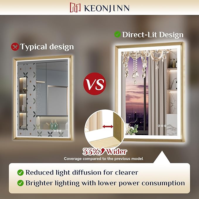 Keonjinn Gold LED Bathroom Mirror 40 x 24 Inch with Frontlit & Backlit, Lighted Mirrors Metal Framed for Wall, Stepless 3 Colors Lights, Anti Fog, Tempered Glass, Brighter and No Dark Corner