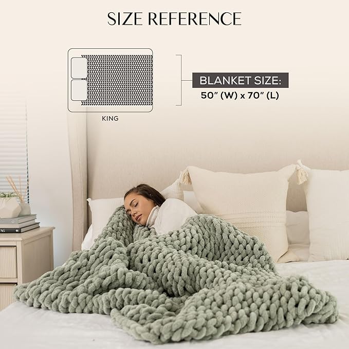 SAMIAH LUXE Sage Green Chunky Knit Blanket Throw 50x70, Chenille Chunky Knit Throw Blanket for Living Room Decor or Boho Decor, Thick Yarn Knitted Blankets for Couch or Bed, Knitted Crochet Blankets