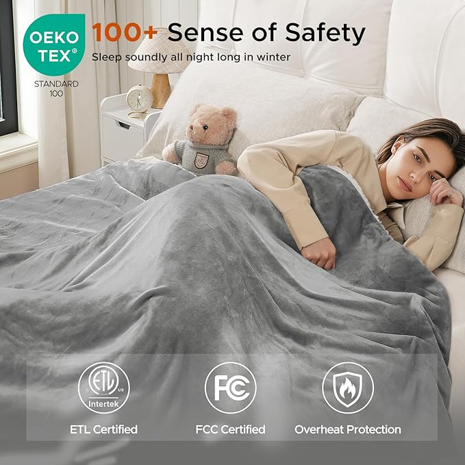 Electric Heated Blanket Twin 62''X84'', Soft & Cozy Fast Heating Blanket with 9 Heat Settings & 2-10 Hours Auto Off, ETL Certified & Overheat Protection,Gift for Grandma, Light Gray