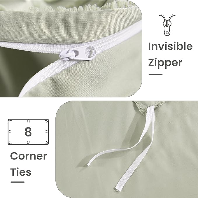 NEXHOME PRO Duvet Cover Full Size, Blue 3 Pieces Boho Tufted Duvet Cover Set, Soft and Lightweight Microfiber Comforter Cover Set for All Season (Sage Green,80 x 90)-No Comforter