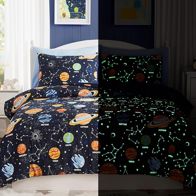 Twin Comforter Set for Boys-5 Pieces Space Glow in The Dark Twin Bedding Sets for Kids, Ultra Soft Bed in A Bag with Sheets