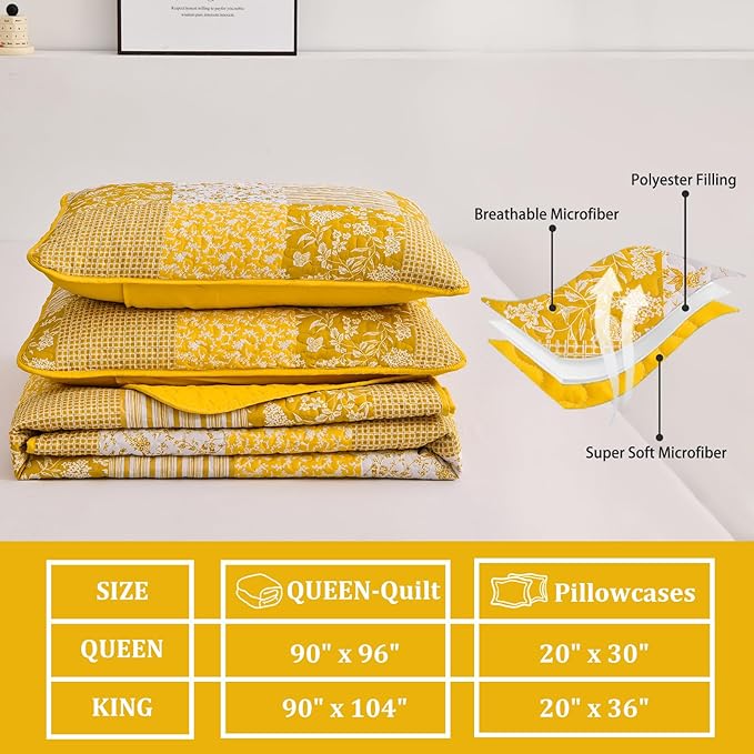 Mybedsoul Yellow Boho Quilt Set Queen Size,3 Pieces Plaid Floral Bedspread Coverlet Set Summer,Patchwork Reversible Bedding Set Queen 90"x96"