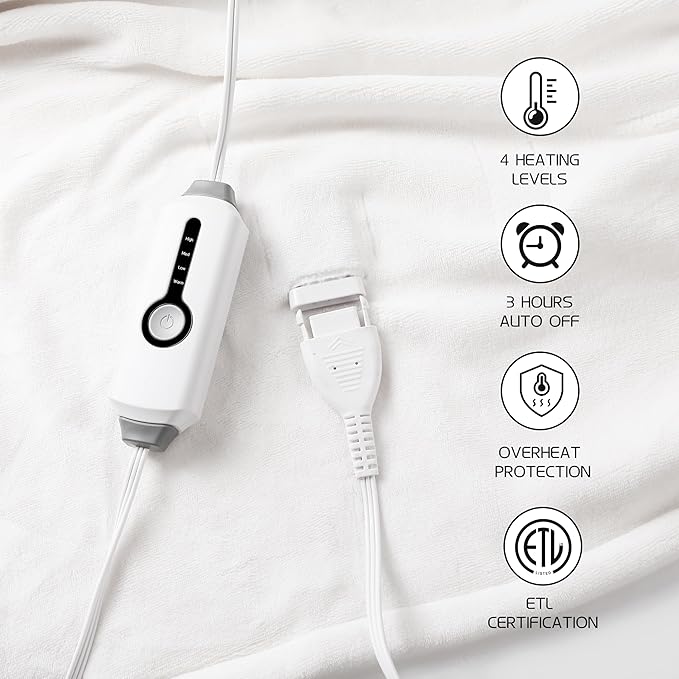 Electric Heated Blanket 50"x60" Throw Size, Soft Coral Fleece with 4 Heating Levels and 3 Hours Auto-Off, Machine Washable, Cozy Plush Fabric for Home, White