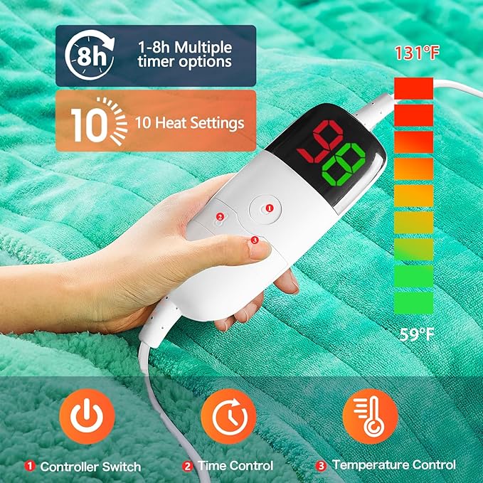greenoak Heated Electric Blanket Throw, Faux Fur Sherpa Heating Blanket for Sofa Bed, Warm Winter Gifts for Women/Her, Heater Lap Blankets 5-Position Timer &10 Heating Levels 50''*60" Aqua