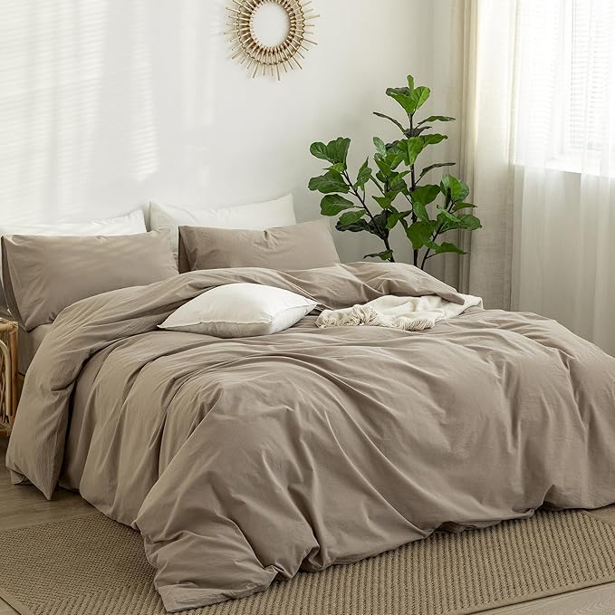 MooMee Bedding Duvet Cover Set 100% Washed Cotton Linen Like Textured Breathable Durable Soft Comfy (Solid Light Camel, Full 80"x90")