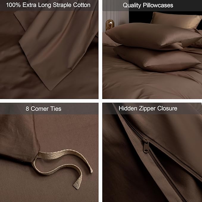 MooMee Duvet Cover Set 100% Extra Long Staple Cotton 600 Thread Count Silky Sateen Smooth Luxury Soft Breathable Durable Hotel Quality Bedding, 3 Pieces (Chocolate Brown,California King 104"x98")