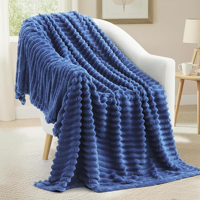 decorUhome Christmas Soft Fleece Navy Blue Blanket Queen Size for Bed, Cozy Fluffy Plush Flannel Large Striped Throws for Couch Sofa, Lightweight Decorative Fuzzy Blanket for Woman, 90x90 Inches