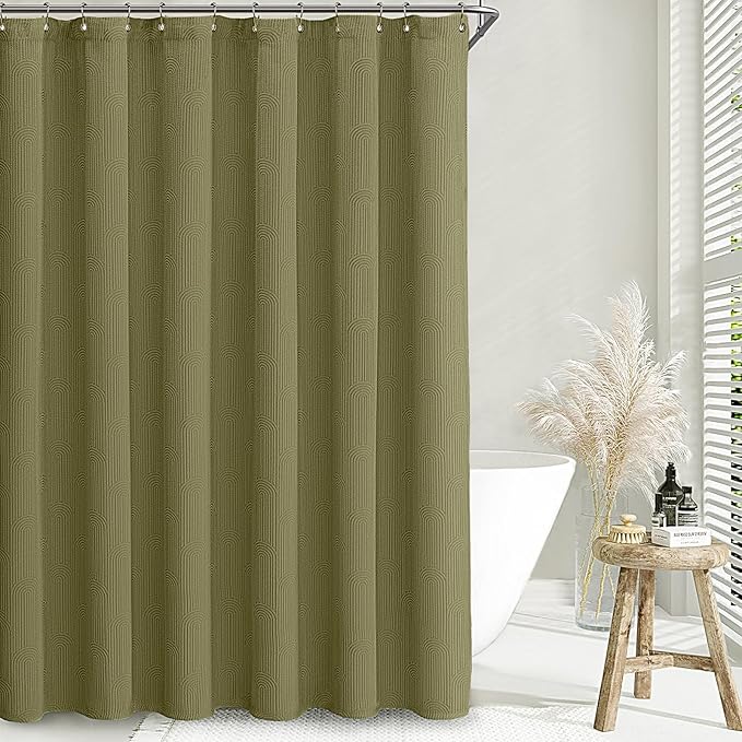 Awellife Boho Shower Curtains for Bathroom Cotton Fabric Touch Matcha Green Bohemian Mid Century Minimalist Arch 72" L X 72" W