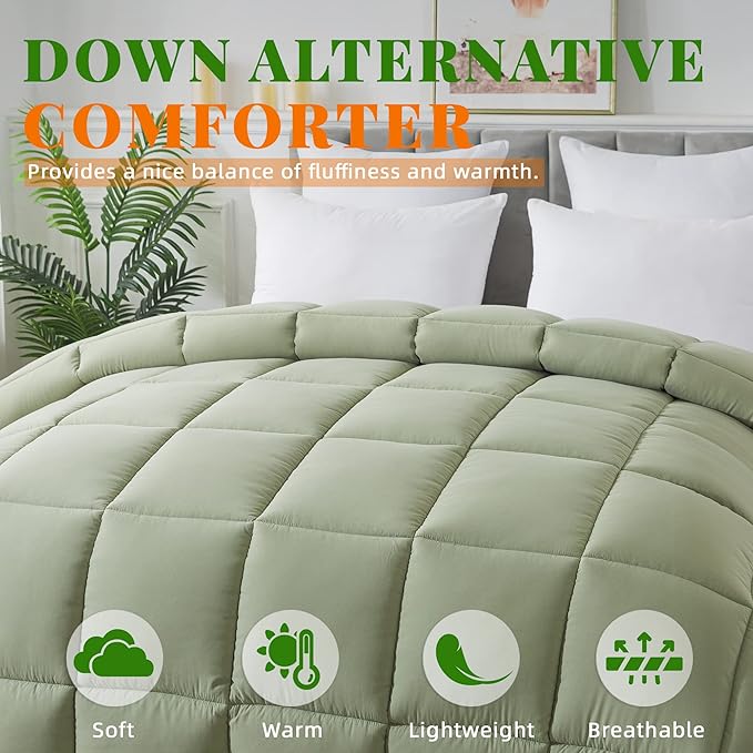 Cosybay Down Alternative Comforter (Sage Green, Full) - All Season Soft Quilted Full Size Bed Comforter - Duvet Insert with Corner Tabs -Winter Summer Warm Fluffy, 82x86 inches