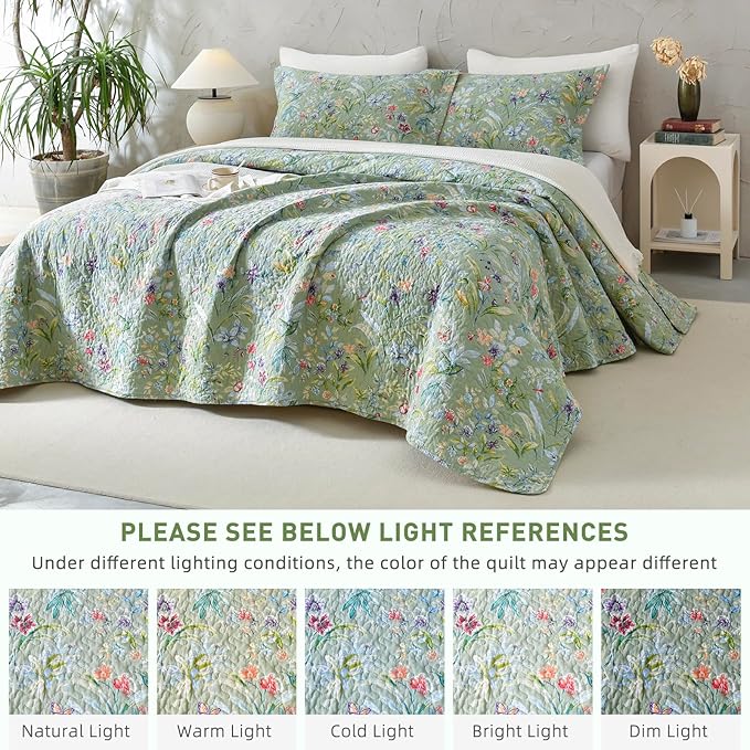 Lady Ann Oversized King Bedspreads 128x120 for Extra Bed, Green Flower Bird Butterfly Print Botanical Bedding, Lightweight 100% Cotton Quilted Coverlet Set with Pillow Shams for All Season, 3 PCS