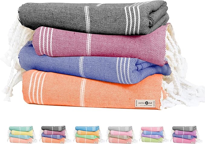 Native Fab Oversized Turkish Beach Towels 4 Pack, Fast Drying, Lightweight, Sand Free, Multipurpose Cotton for Pool, Spa, Travel, Summer - Black, Burgundy, Indigo Blue, Orange