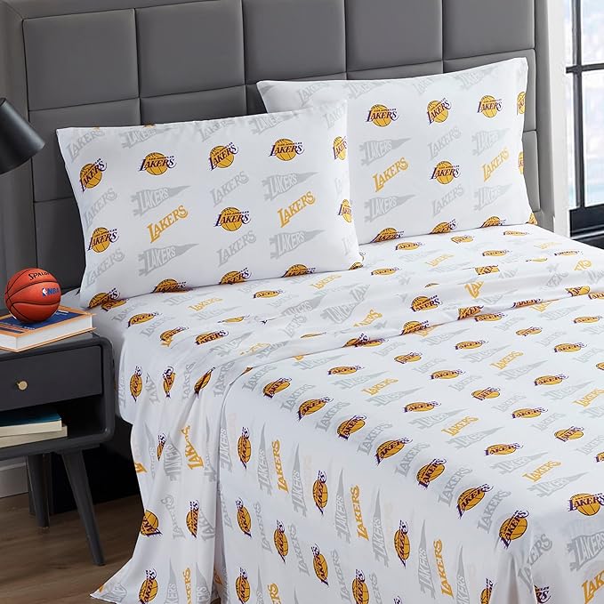 NORTHWEST Officially Licensed Los Angeles Lakers NBA Queen Size Sheet Set – Soft Team Logo Bedding for Dorms, Bedrooms, Fan Caves & Game Day Style
