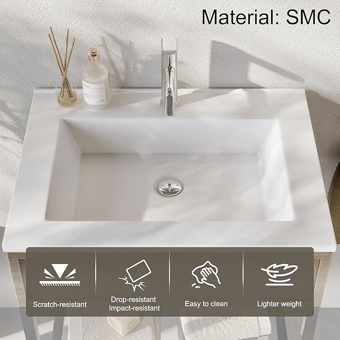 24 Inches Bathroom Vanity with Resin Sink, Single Sink Modern Cabinet Set, Stainless Steel Frame with Tempered Glass Open Shelf, Freestanding Bathroom Storage Cabinet Combo, White