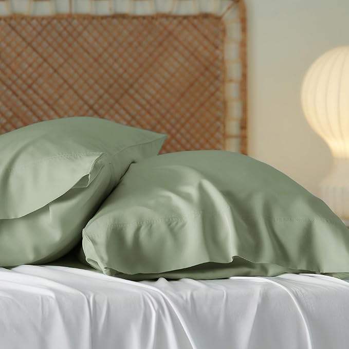 Bedsure Pillow Cases Queen, Cooling Pillow Cases, Rayon Derived from Bamboo Sage Green Pillowcases Queen Size Set of 2, Soft & Breathable Bedding Pillow Covers with Envelope Closure, 20x30 Inches