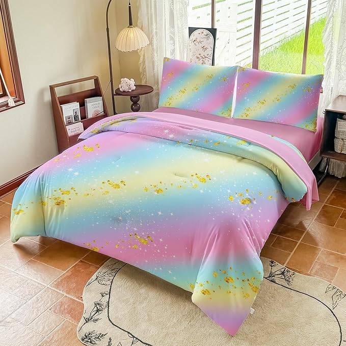 Girls Full Size Bedding Sets Rainbow Bedding – 5 Piece Comforter Set Full, Gradient and Colorful Galaxy Comforter for All-Season – Machine Washable, Durable – Gift Idea for Boys and Girls Room