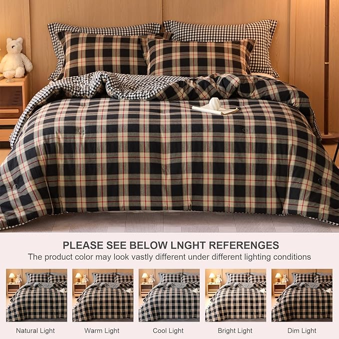 100% Cotton Comforter Set Full Size – Reversible Yarn-Dyed Checkered Design, Soft Washed Cotton on Both Sides, Lightweight All-Season Bedding, Machine Washable(Black Red Plaid, 80”x90”)